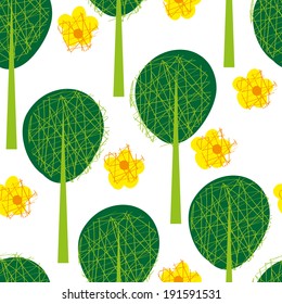 Seamless background with stylized trees and flowers