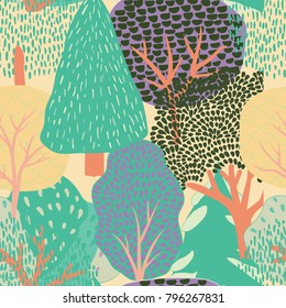 Seamless background with stylized trees. Forest bright pattern
