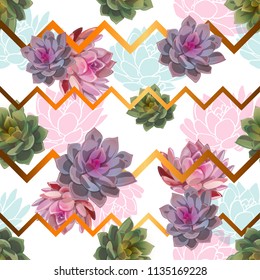Seamless background of succulents. A golden zigzag. Vector.