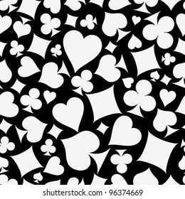 Seamless background with suits: hearts, diamonds, clubs, spades black and white version. Vector illustration.