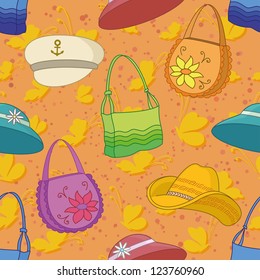 Seamless background of summer beach accessories: handbags, hats and butterflies. Vector