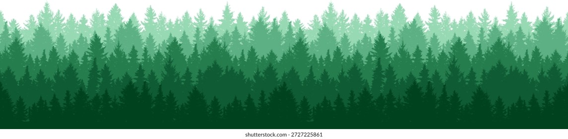 Nahtloser Hintergrund des sommerlichen grünen Nadelwaldes. Natur, Landschaft. Kiefer, Fichte, Christbaum, Tanne. Silhouette, Vektorgrafik