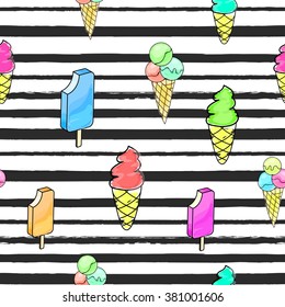 seamless background summer juicy with ice cream with black brush stripes