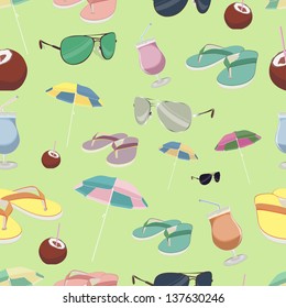 Seamless background. Summer, object, slippers, umbrella, cocktail. vector