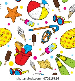 Seamless background of summer objects - ice cream, swimming circle, ball, diving items, baby bucket and starfish. Vector illustration for a postcard or a poster, print for clothes.