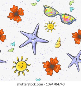 Seamless background with summer objects sea shel cute star fish character sun glasses and flower fashion print