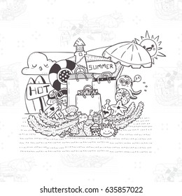 Seamless background of summer sale. Pattern with doodle the shopping bag with animal sea friends
