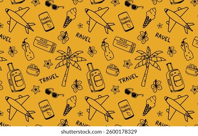 Seamless background Summer travel. Pattern Hand drawn summer vacation, trip. Doodles travel bag, plane, ticket, ticket booking, palm tree, ice cream, sunglasses. Collection of items for travel.