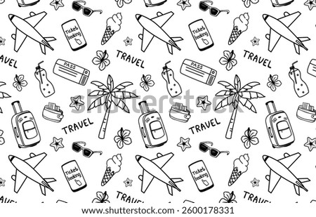 Seamless background Summer travel. Pattern Hand drawn summer vacation, trip. Doodles travel bag, plane, ticket, ticket booking, palm tree, ice cream, sunglasses. Collection of items for travel.
