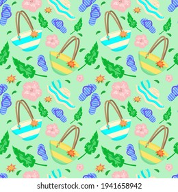 Nahtloser Hintergrund. Sommerferien. Vektorgrafik. Strandtasche und Flip-Flops