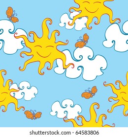 seamless background with sun, butterflies and clouds