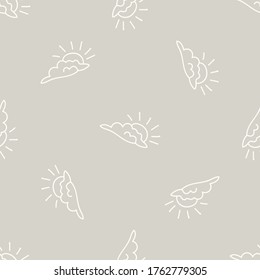 Seamless background sun and cloud gender neutral baby pattern. Simple whimsical minimal earthy 2 tone color. Kids nursery wallpaper or boho cartoon animal fashion all over print.