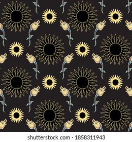 nahtloser Hintergrund mit Sonne und Blume, Vektordesign für Papier, Stoff.