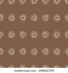 Seamless background sun gender neutral pattern. Whimsical minimal earthy 2 tone color. kids nursery wallpaper or boho cartoon summer fashion all over print.