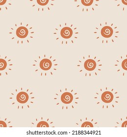 Seamless background sun gender neutral pattern. Whimsical minimal earthy 2 tone color. kids nursery wallpaper or boho cartoon summer fashion all over print. Vector illustration