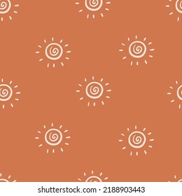 Seamless background sun gender neutral pattern. Whimsical minimal earthy 2 tone color. kids nursery wallpaper or boho cartoon summer fashion all over print. Vector illustration