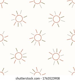 Seamless background sun in sky gender neutral baby pattern. Simple whimsical minimal earthy 2 tone color. Kids nursery wallpaper or boho cartoon fashion all over print.