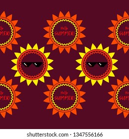 Seamless background with Sun in sunglasses. Hi, Summer! Vector illustration. Can be used for wallpaper, textile, invitation card, wrapping, web page background.