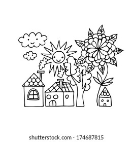 Seamless background with sun, trees, house and clouds in outlines