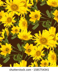 Seamless background with sunflowers on dark background. Collection of decorative elements of floral design. Sunflower flowers and leaves. Vintage hand drawn vector illustration in watercolor style.