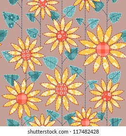 Seamless background with sunflowers. Patchwork vector background.