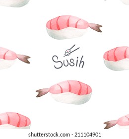 Seamless background. Sushi with shrimp. Japanese seafood. Label hand painted watercolor. Fastfood.