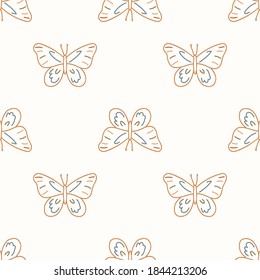 Seamless background swallow tail butterfly gender neutral pattern. Whimsical minimal earthy 2 tone color. kids nursery wallpaper or boho cartoon insect fashion all over print.