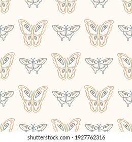 Seamless background swallow tail butterfly gender neutral pattern. Whimsical minimal earthy 2 tone color. kids nursery wallpaper or boho cartoon insect fashion all over print.