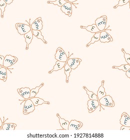 Seamless background swallow tail butterfly gender neutral pattern. Whimsical minimal earthy 2 tone color. kids nursery wallpaper or boho cartoon insect fashion all over print.