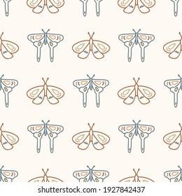 Seamless background swallow tail butterfly gender neutral pattern. Whimsical minimal earthy 2 tone color. kids nursery wallpaper or boho cartoon insect fashion all over print.