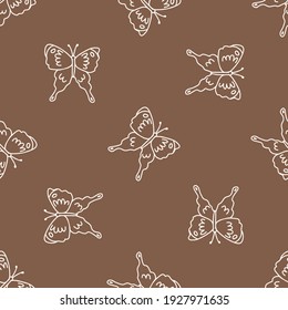 Seamless background swallow tail butterfly gender neutral pattern. Whimsical minimal earthy 2 tone color. kids nursery wallpaper or boho cartoon insect fashion all over print.