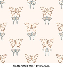 Seamless background swallow tail butterfly gender neutral pattern. Whimsical minimal earthy 2 tone color. kids nursery wallpaper or boho cartoon insect fashion all over print.