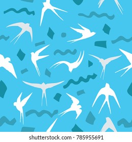 Seamless background with swallows and abstract geometric shapes. Illustration to do a minimalist style. Pattern wrapping paper, background cards, etc