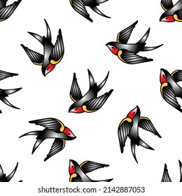 seamless background with swallows in the style of an old-school tattoo. Vector illustration