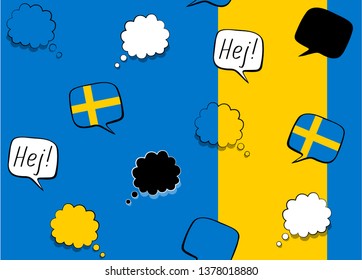 Seamless background with Sweden flag and speech bubbles with greetings in Swedish. Vector illustration