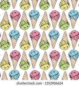 Seamless background with sweet big yellow, pink, green and blue ice cream cones. Endless pattern with colorful ice cream for your design. 