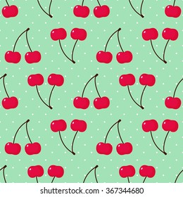 Seamless background with sweet cherry. Cute vector cherry pattern.  Summer fruit illustration on mint polka dots background.