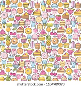 Seamless background of sweet and dessert doodle. Pattern wiht cute cake, sweet donat, cartoon cookies and macaron