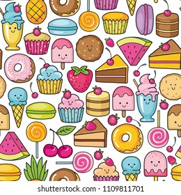 Fondo de doodle dulce y postre. Patrón con pastel tierno, donat dulce, galletas de dibujos animados y macaron
