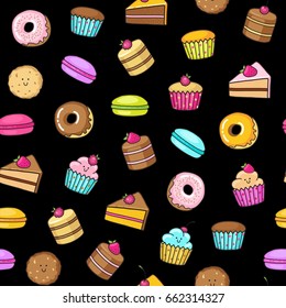 Seamless background of sweet and dessert doodle. Pattern with cute cake, sweet donat, cartoon cookies and macaron