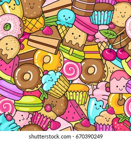 Seamless background of sweet and dessert doodle. Pattern with cute cake, sweet donut, cartoon cookies and macaroon