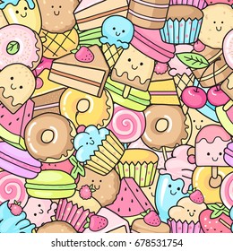 Seamless background of sweet and dessert doodle. Pattern wiht cute cake, sweet donat, cartoon cookies and macaron
