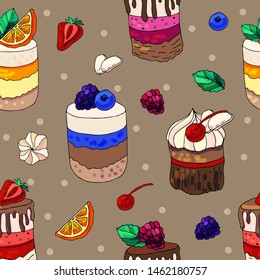 Seamless background with sweet desserts. Baking, fruit, berries, chocolate and cream. Endless pattern, white background. Red, pink, blue, orange and brown