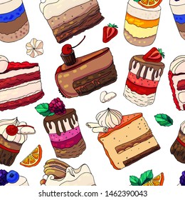 
Seamless background with sweet desserts. Baking, fruit, berries, chocolate and cream. Endless pattern, white background. Red, pink, blue and brown