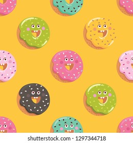 Seamless background of sweet donutes. Pattern with cute cartoon donat with eyes and month