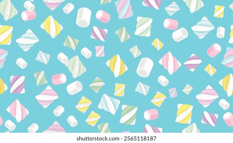 Seamless background with sweet marshmallows in cartoon style.Vector illustration of twisted marshmallows of pastel shades: yellow, white, pink, green isolated on blue background.Chewing marshmallows.