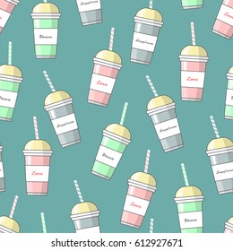 Seamless background of sweet milkshake. Cartoon Pattern.