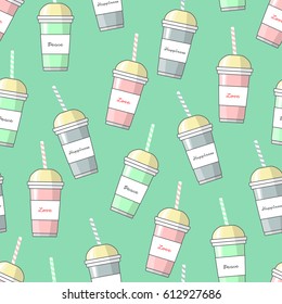 Seamless background of sweet milkshake. Cartoon Pattern.