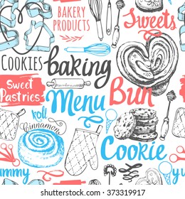 Seamless background with sweet pastries symbols. Vector Illustration with funny baking lettering and labels on white. Decorative elements for your packing design. Multicolor menu pattern. 