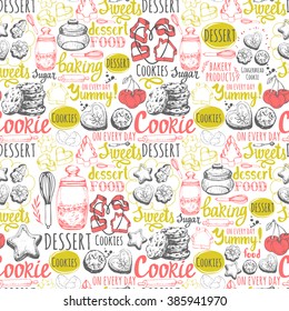 Seamless background with sweet pastries symbols. Vector Illustration with funny baking lettering and labels on white. Decorative elements for your packing design. Multicolor menu pattern. 